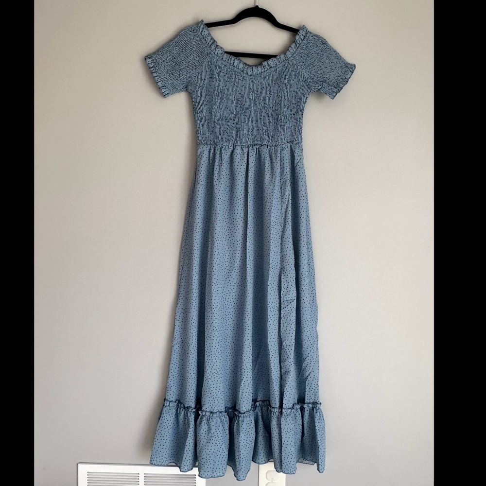 NWT! | Miessial Simplee Light Blue Polka Dot Off Shoulder Split Maxi Dress